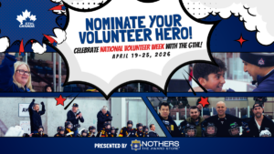 Comic-style banner urging to nominate your volunteer hero for National Volunteer Week (April 19–25, 2026), with photos of volunteers and a hockey team; Presented by Nothers The Award Store.