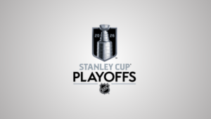 Stanley Cup Playoffs logo with a silver trophy and the word PLAYOFFS beneath, NHL emblem centered on a gray gradient background