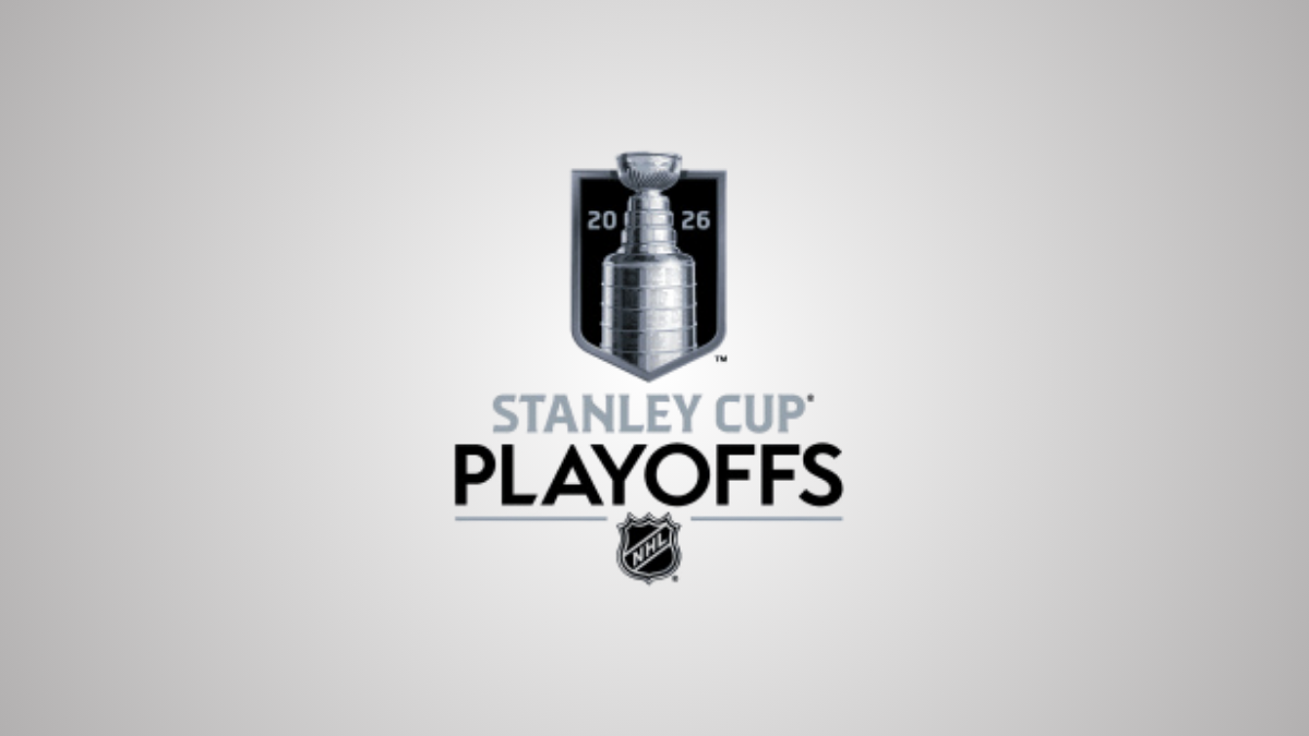 Stanley Cup Playoffs logo with a silver trophy and the word PLAYOFFS beneath, NHL emblem centered on a gray gradient background